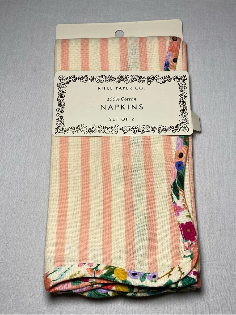NWT Rifle Paper Co. Cloth Napkins (2pcs) Pink and Cream Striped with Floral Trim